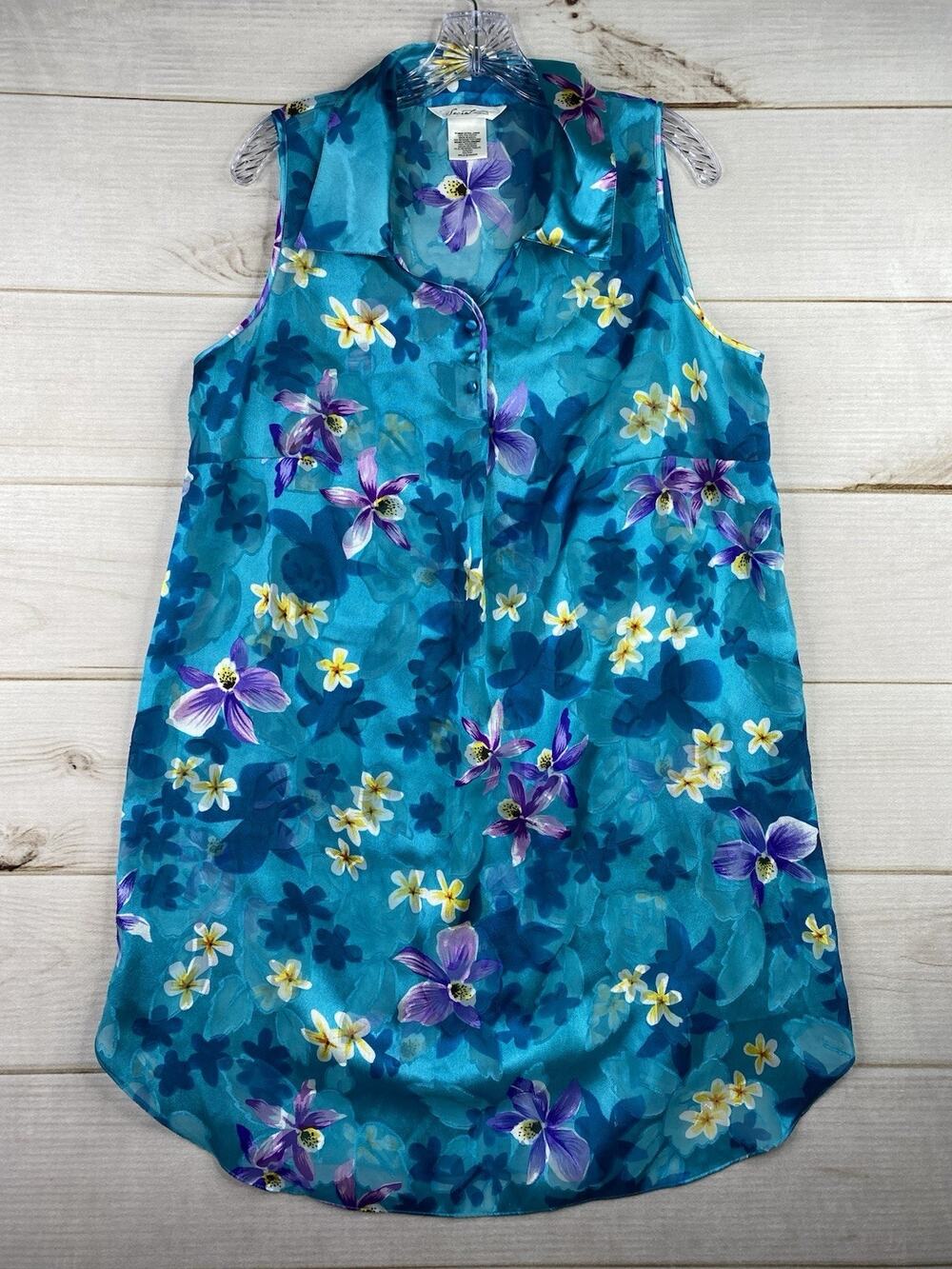 Vtg Secret Treasures Womens Nightgown Sz XL Blue Boho Satin Floral Sleeveless
